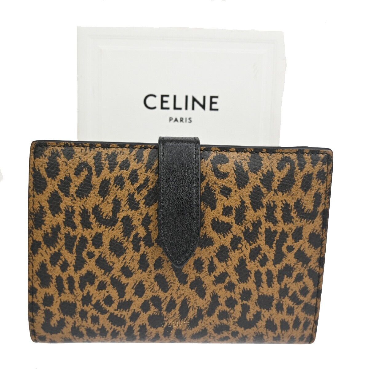 CELINE Logo Leopard Bifold Wallet Purse Leather Brown Black 34RH487
