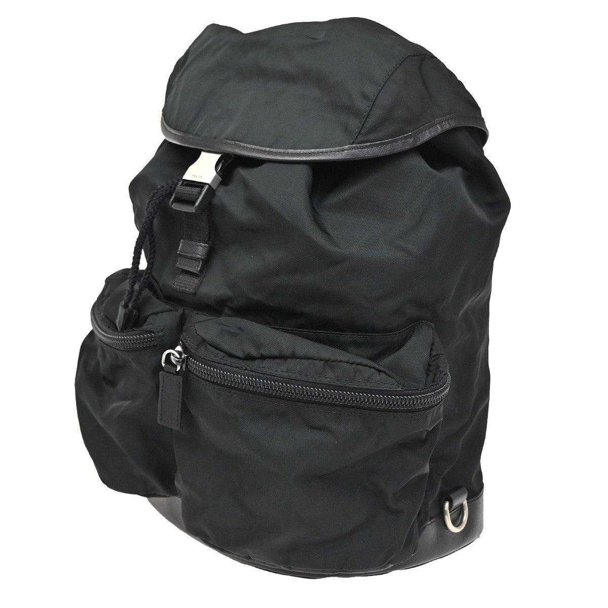 PRADA Logo Drawstring Backpack Bag Tessuto Nylon Leather Black Silver 70KC163