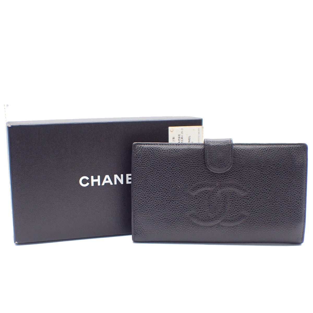CHANEL CC Logo Long Bifold Wallet Purse Grained Calfskin Leather Black 30KC576