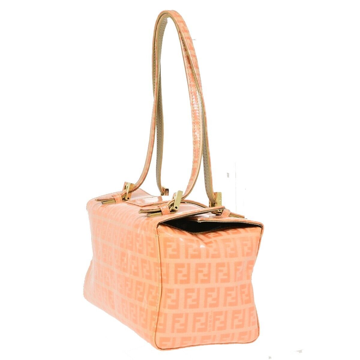 FENDI Logo Zucca Pattern Hand Shoulder Bag Patent Leather orange Gold 87SH936