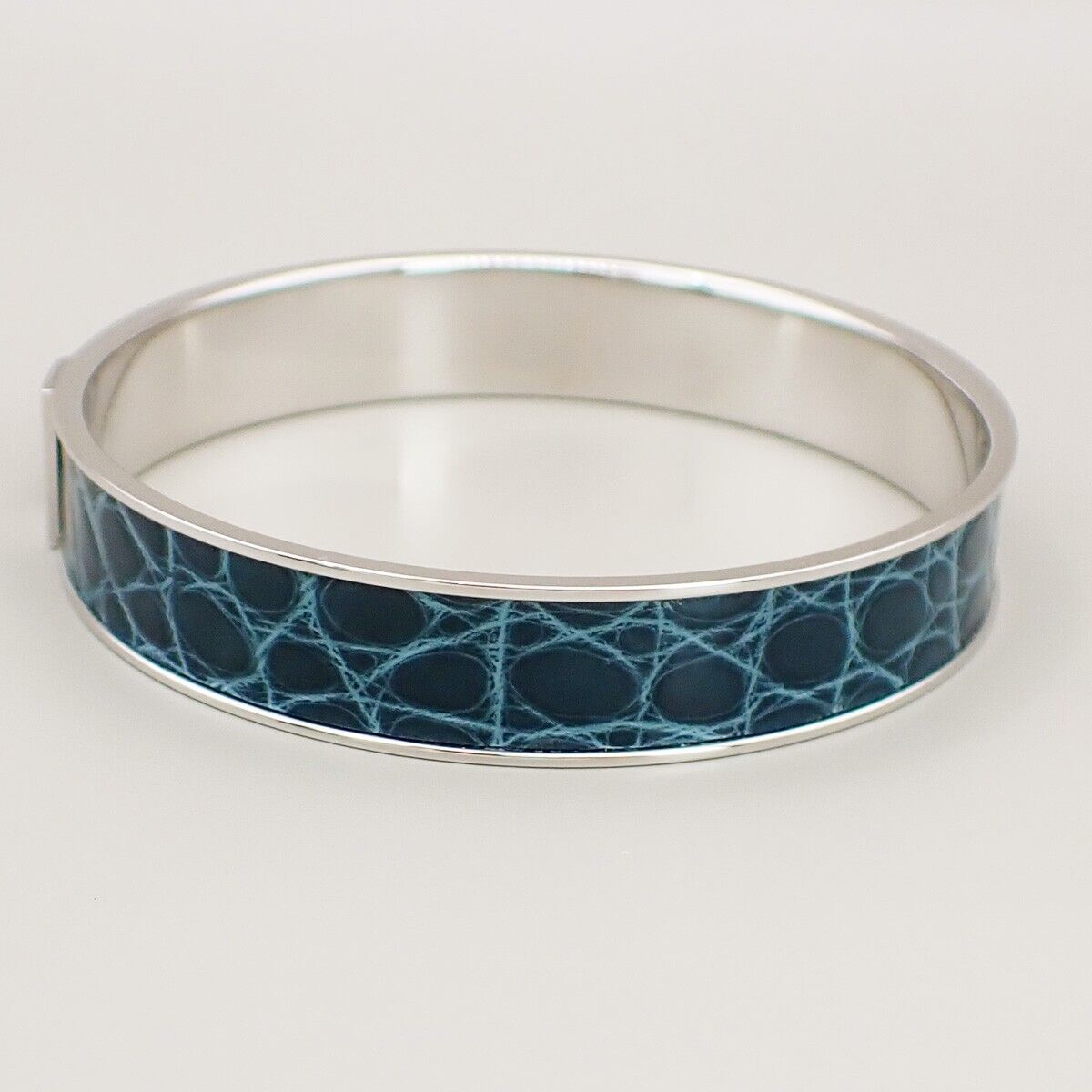 HERMES Logo Bangle Bracelet #S Exotic Leather Blue Silver 32KA475