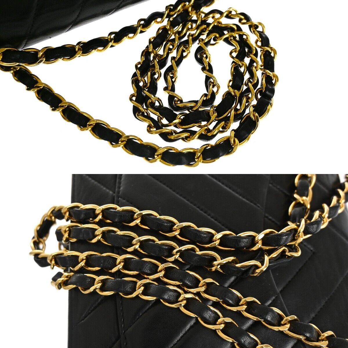 CHANEL CC Chevron Double Flap Chain Shoulder Bag Leather Black GHW VTG 153RJ052
