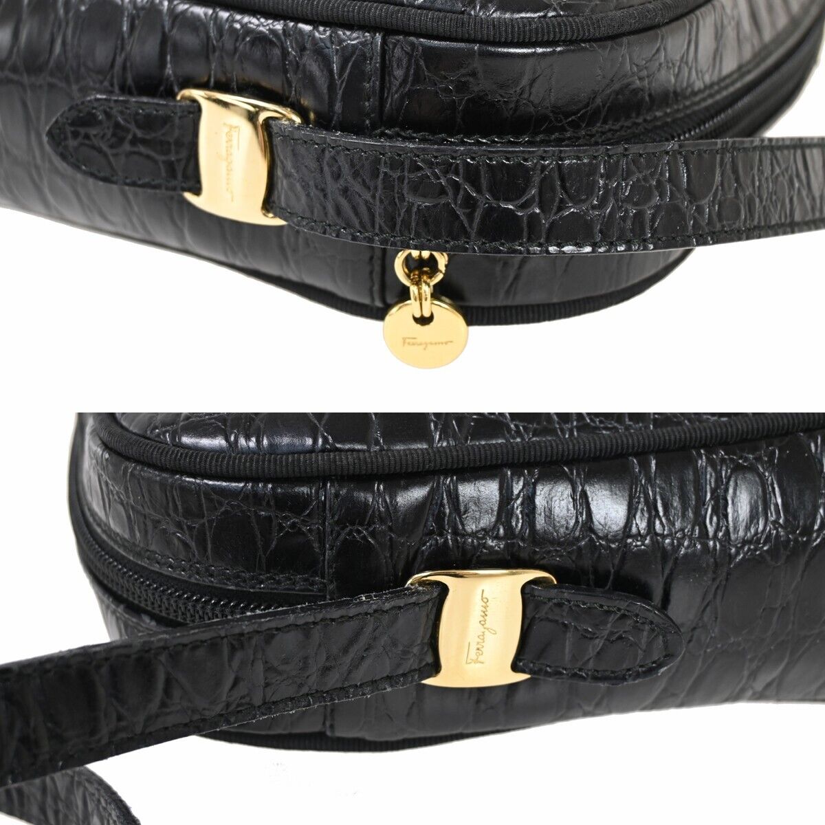 SALVATORE FERRAGAMO Vara Crossbody Shoulder Bag Embossing Leather Black 61SH200