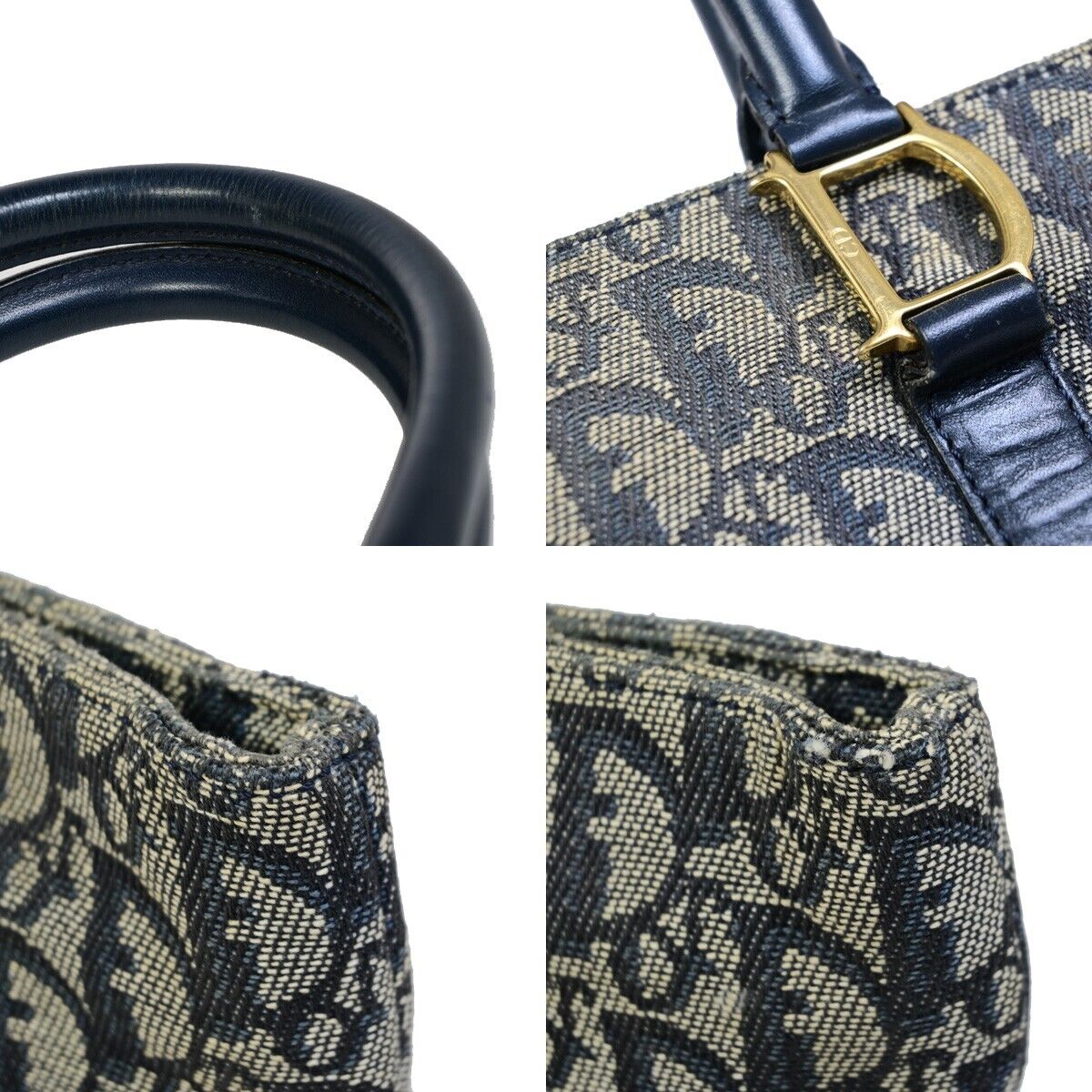 CHRISTIAN DIOR Trotter Pattern Hand Tote Bag Canvas Leather Blue GHW 35EB800