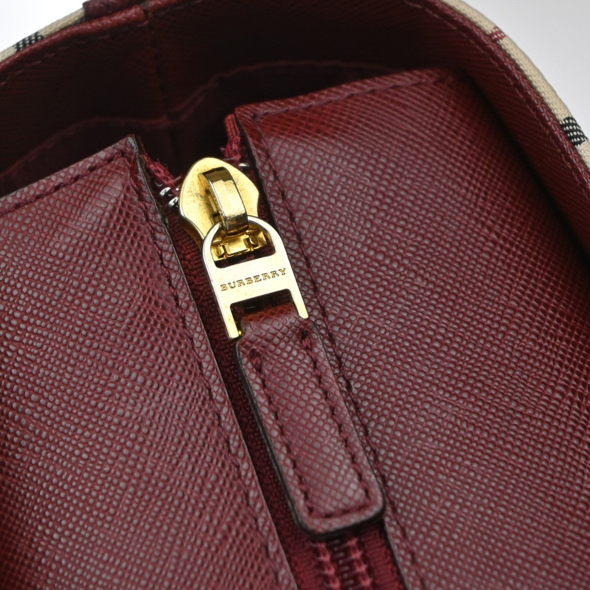 BURBERRY Logo Nova Check Hand Bag Canvas Leather Beige Red GHW 39RQ059