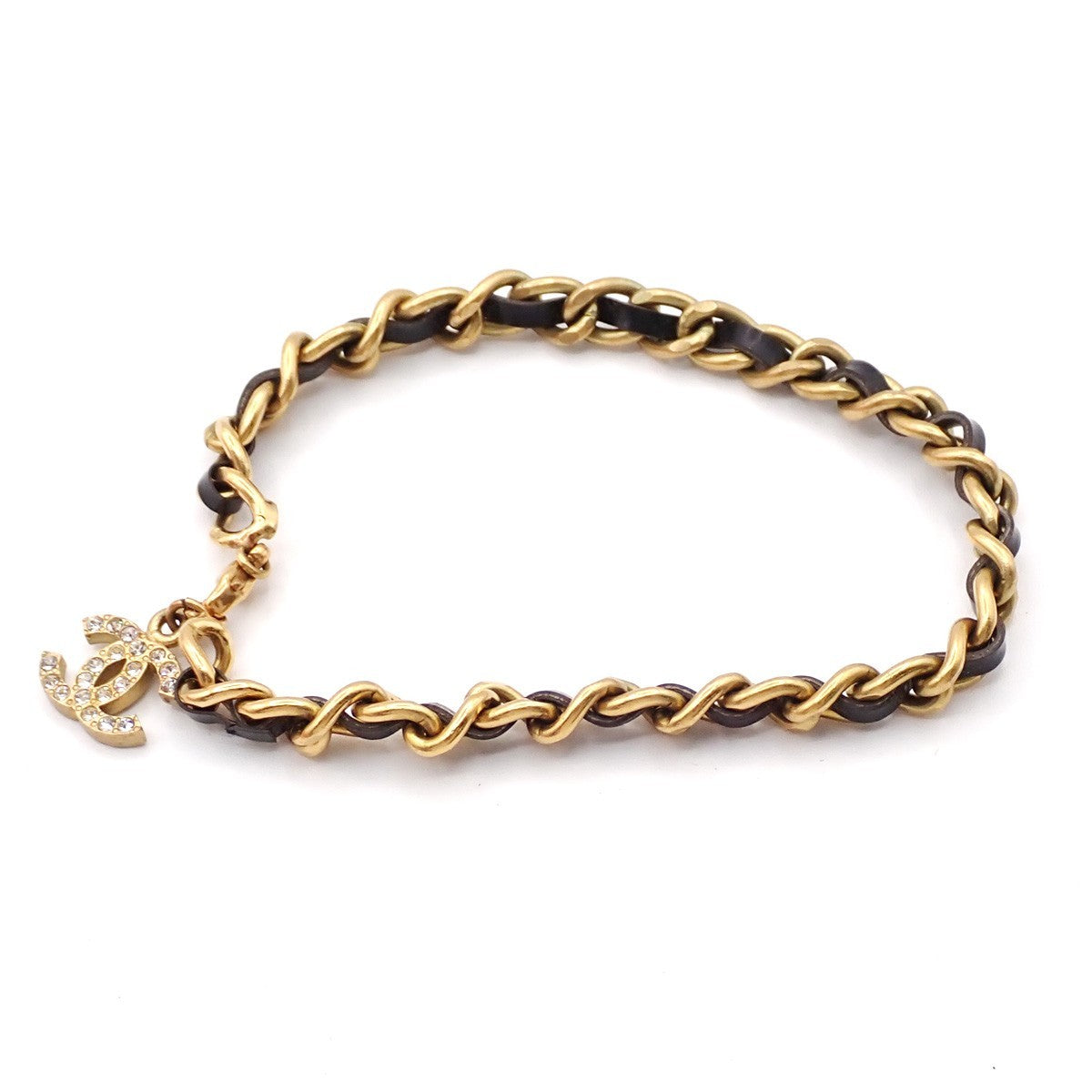 CHANEL CC Rhinestone Chain Bracelet Anklet Leather 95P GHW Black Vintage 12RL959