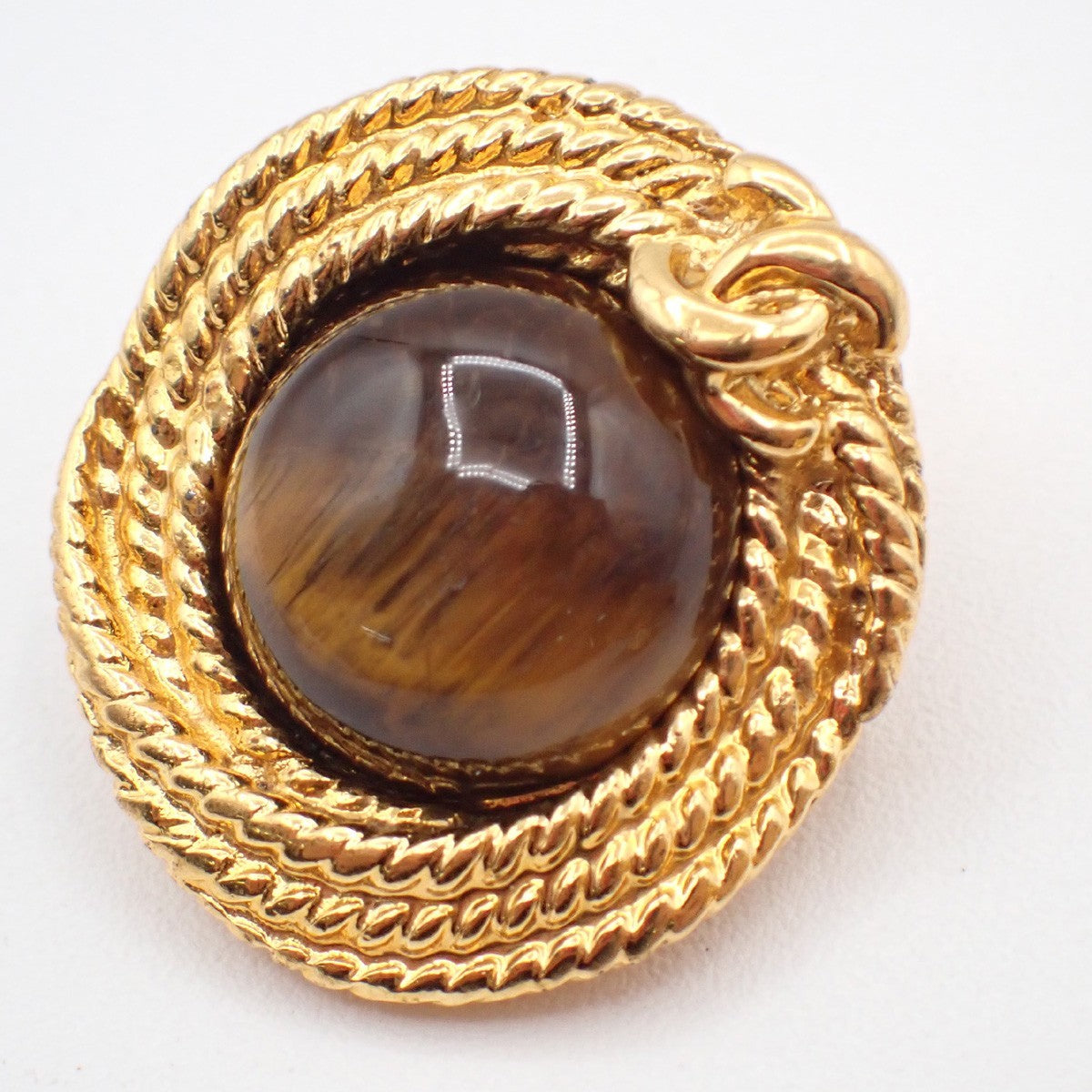CHANEL CC Logo round Button Earrings Clip-On Color Stone Gold Brown 30RF761