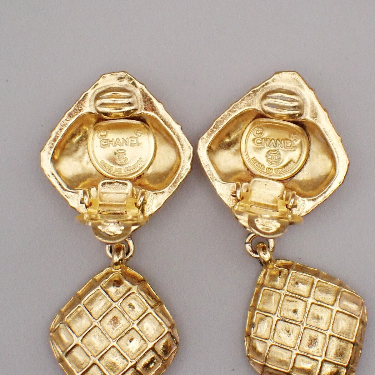 CHANEL Matelasse Diamond Shape Drop Earrings Rhinestone Clip-On Gold 73RL067