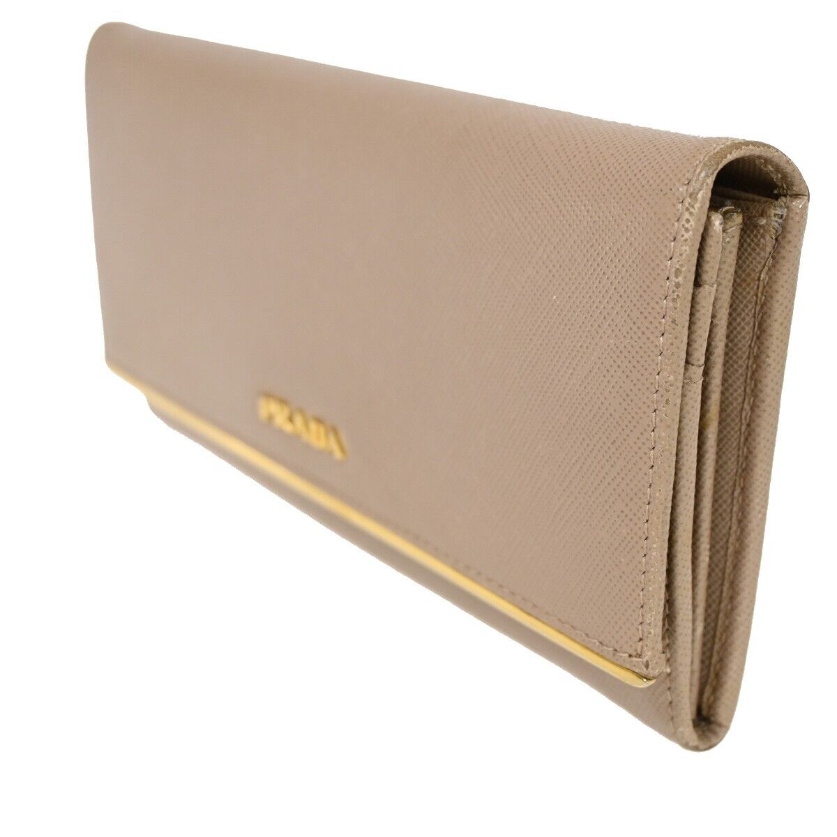 PRADA Logo Saffiano Long Bifold Wallet Purse Leather Beige Gold Italy 05SH556