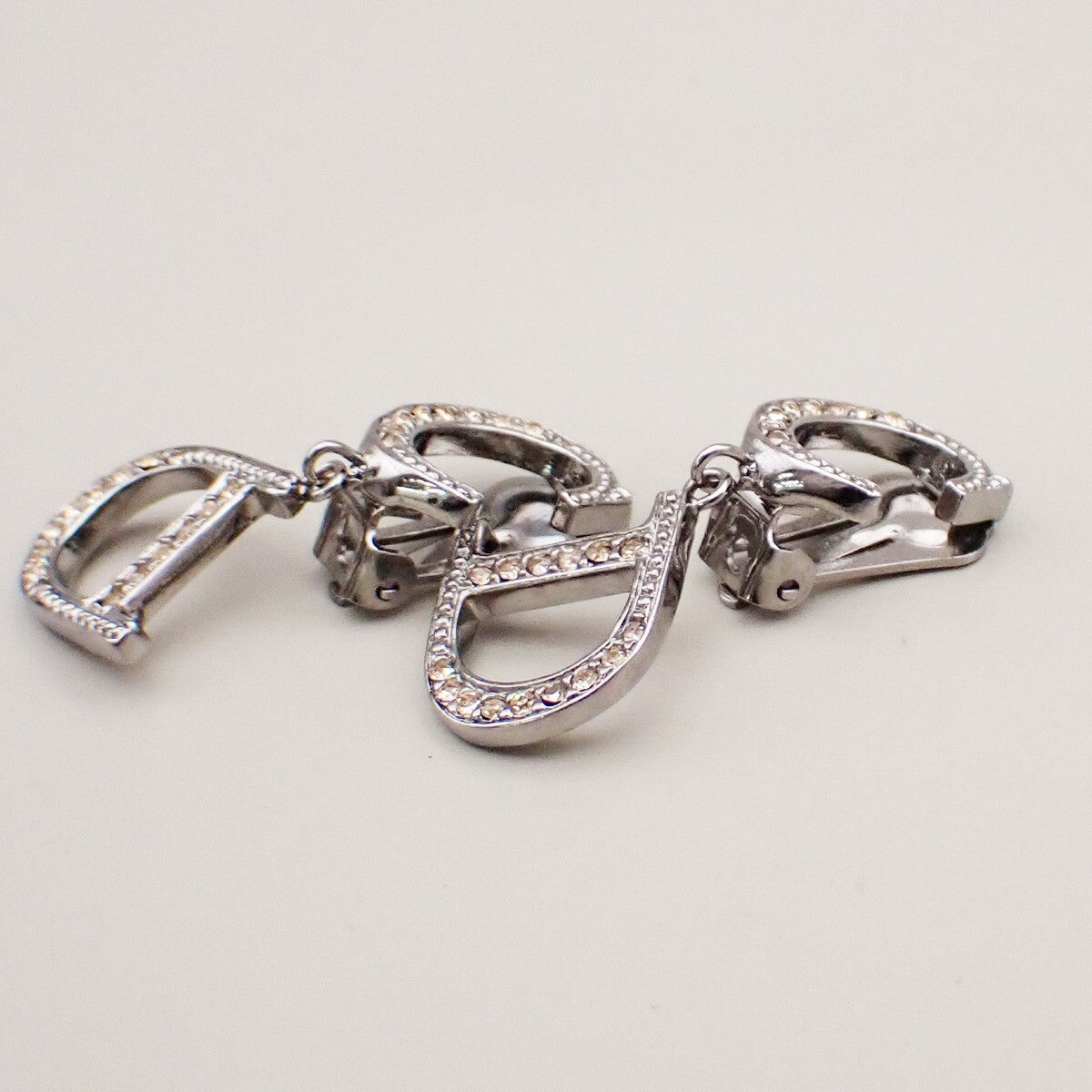 CHRISTIAN DIOR CD Logo Rhinestone Drop Earrings Clip-On Silver Accesory 05YH196