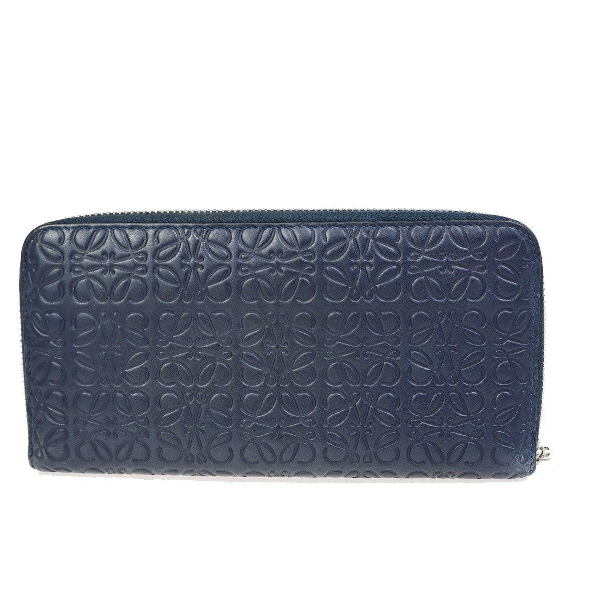 LOEWE Logo Anagram Repeat Long Zipper Wallet Embossing Leather Navy Blue 67KB395