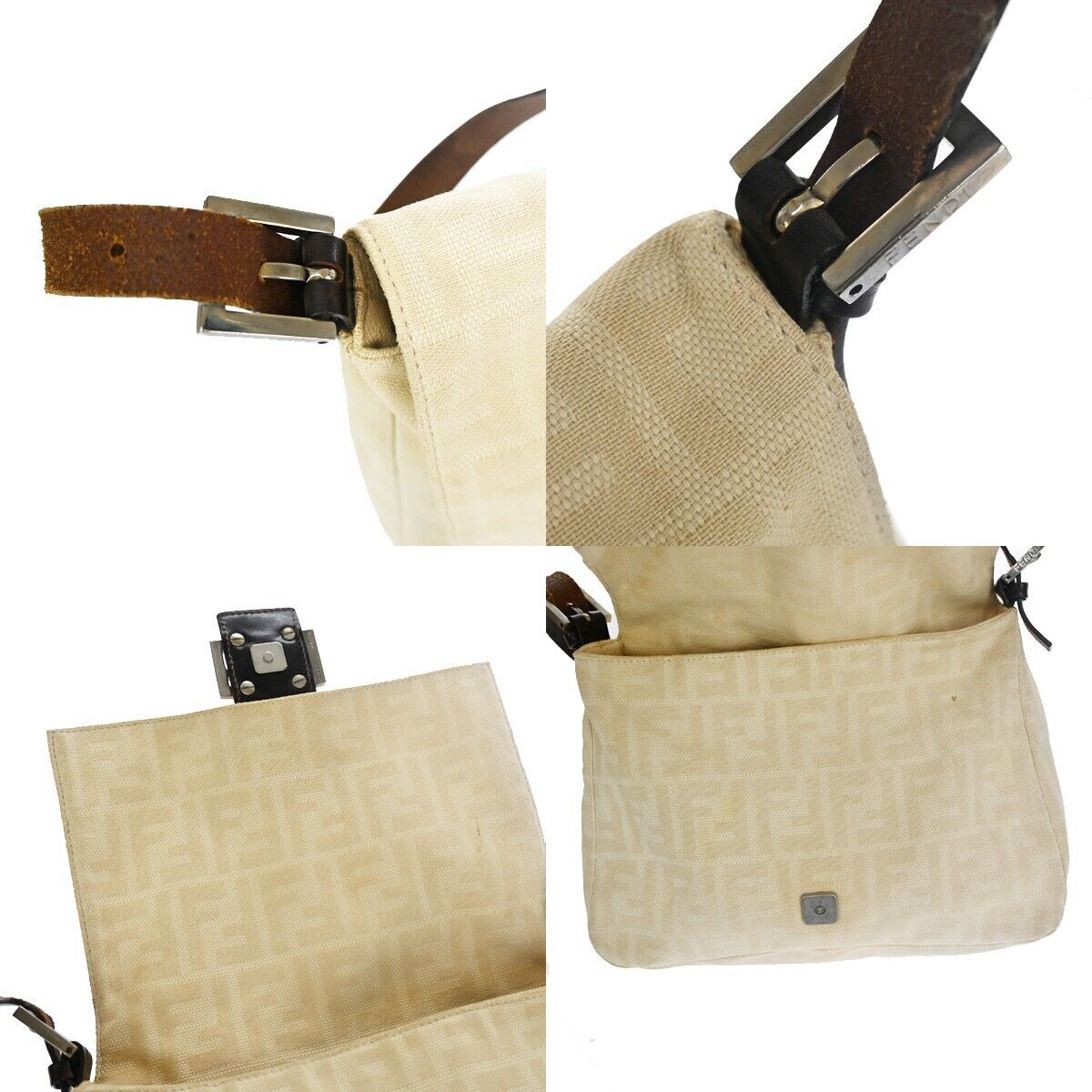 FENDI Zucca Zucchino Pattern Shoulder Bag Canvas Leather Beige  Italy 34SH041