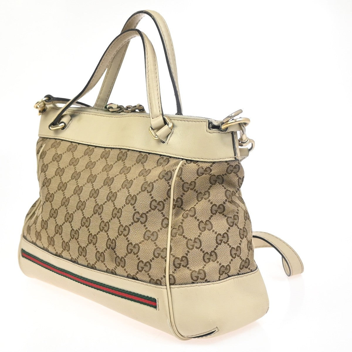 GUCCI GG Sherry Ribbon 2Way Shoulder Hand Bag Canvas Leather Ivory Italy 38KC760