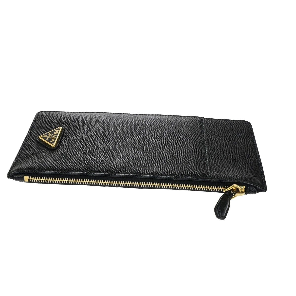 PRADA Logo Saffiano Card Holde Long Wallet Leather Black Gold Italy 65SJ628