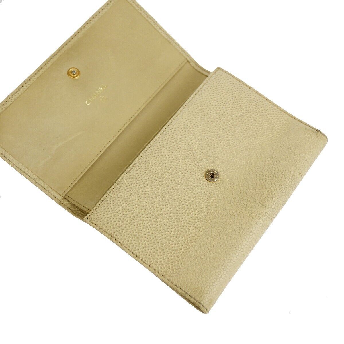 CHANEL CC Logo Trifold Wallet Purse Caviar Skin Leather Ivory Italy 62RJ490