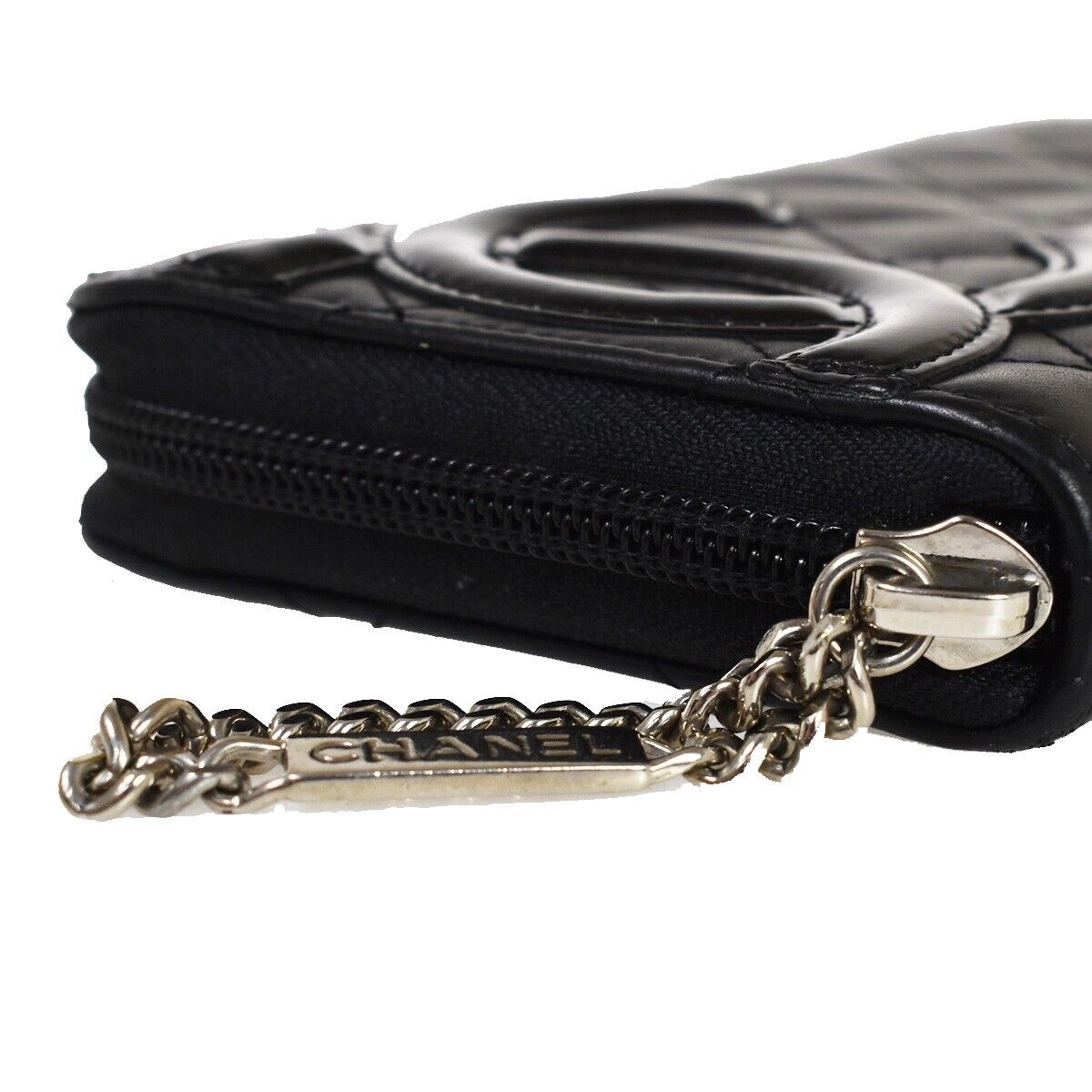 CHANEL CC Cambon Long Zipper Bifold Wallet Patent Leather Black SHW 75YC568