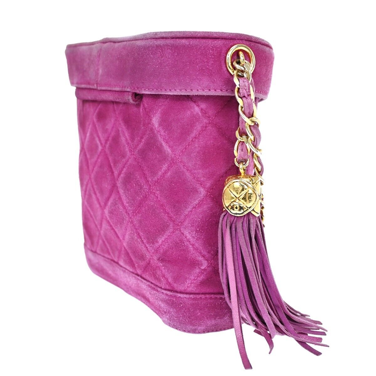 CHANEL CC Logo Fringe Shoulder Vanity Bag Suede Leather Purple Vintage 638HB349