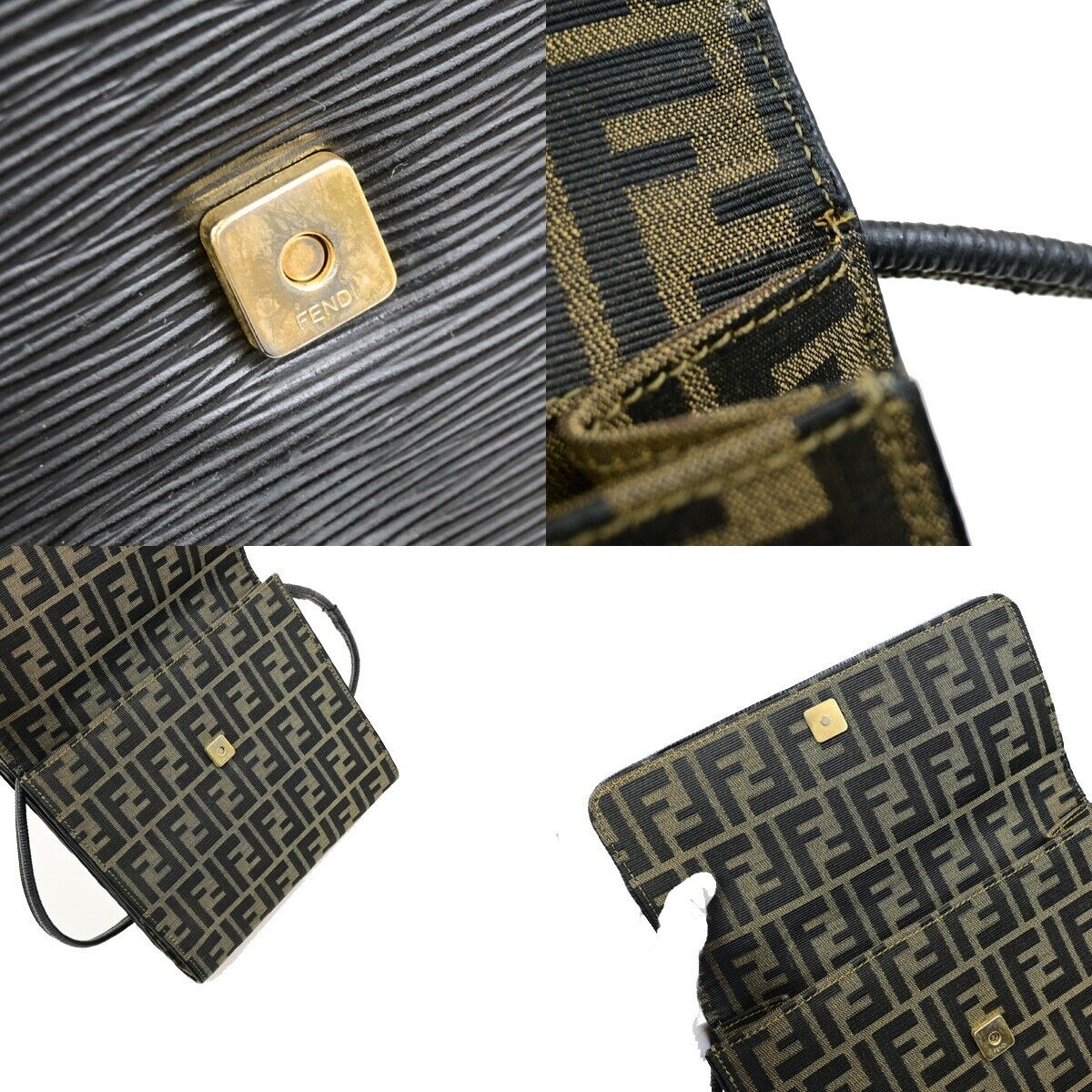 FENDI Logo Zucca Pattern Shoulder Bag Canvas Leather Brown Black GHW 76ED916