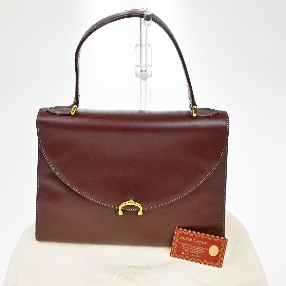 CARTIER Logo Must Line Hand Bag Leather Red Gold Burgundy Italy 64TA506