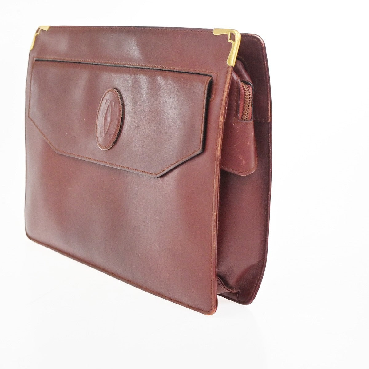 MUST DE CARTIER 2C Logo Clutch Hand Bag Leather Red Burgundy GHW 08KD023