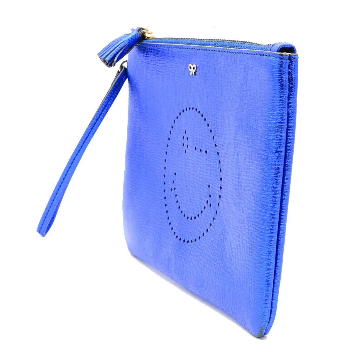 ANYA HINDMARCH Logo Smiley Wink Tassel Clutch Hand Bag Leather Blue 01KA261