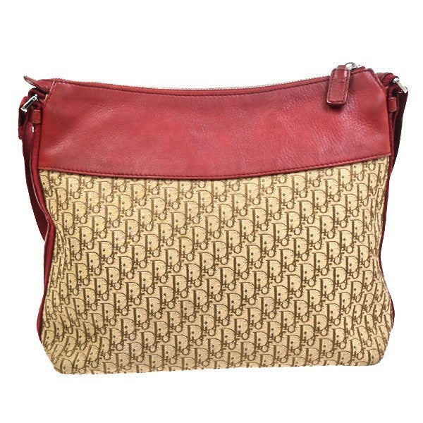 CHRISTIAN DIOR Logo Trotter Shoulder Bag Canvas Leather Red Brown 16TA621