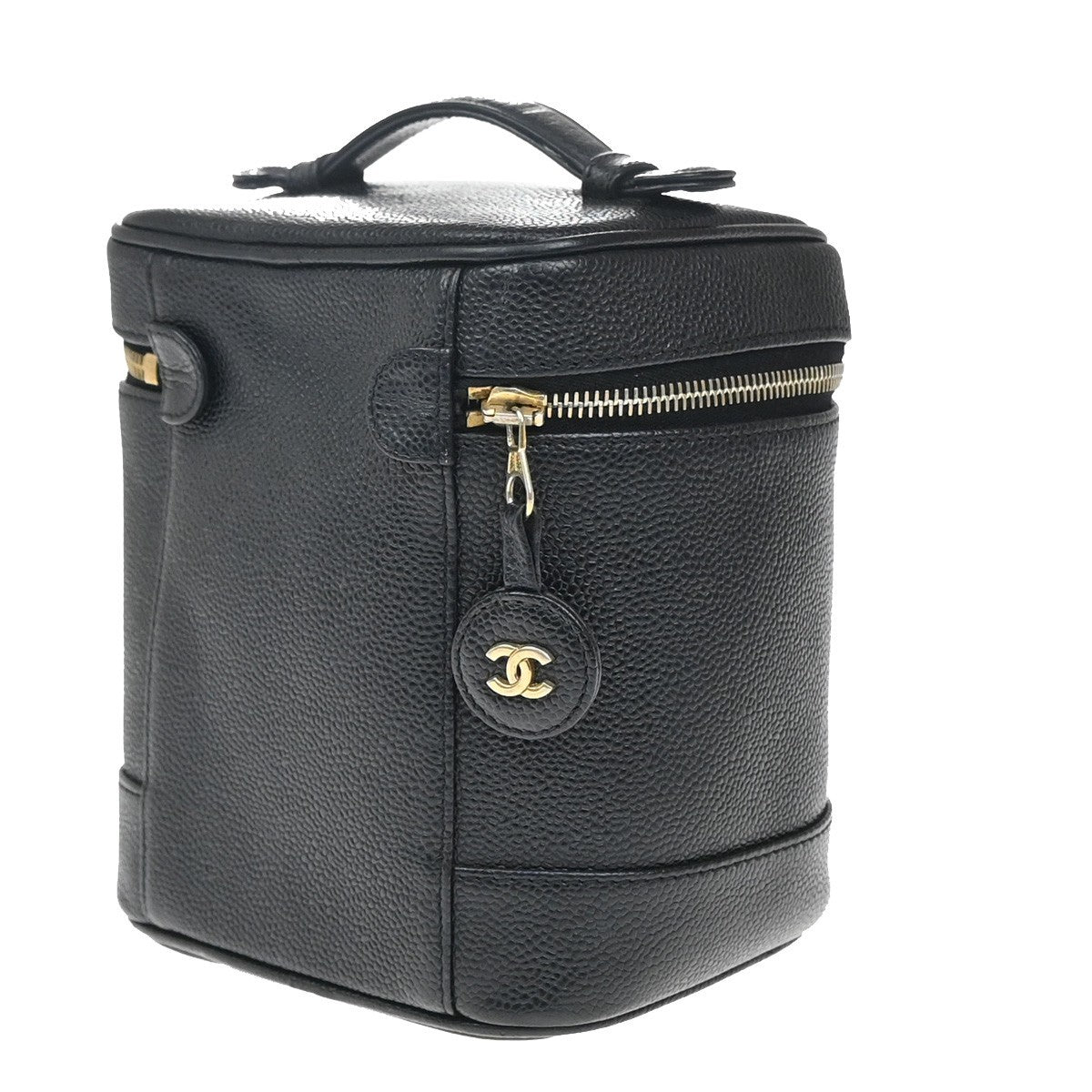 CHANEL CC Logo Vanity Hand Bag Grained Calfskin Leather Black Vintage 14RF886