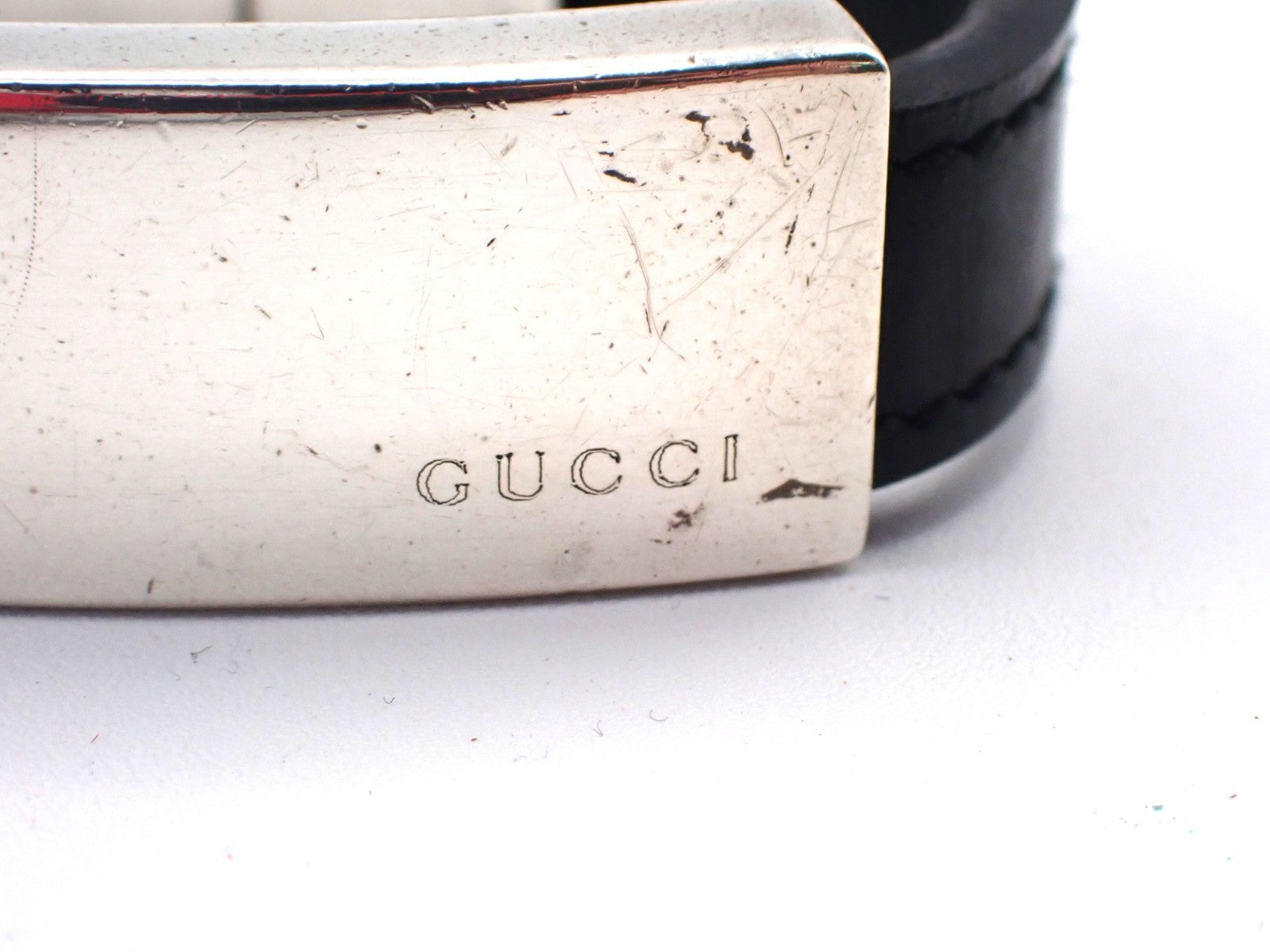 GUCCI Logo Bar Bracelet Bangle Leather Metal Black Silver925 Italy 01CA779