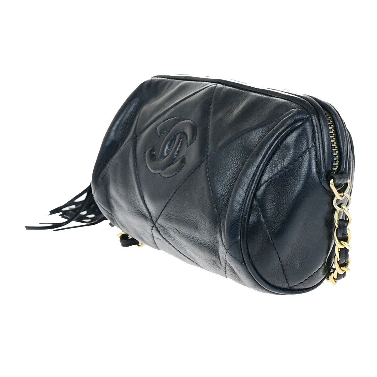 CHANEL Matelasse Tassel Chain Mini Shoulder Bag Leather Navy Vintage 660RK687