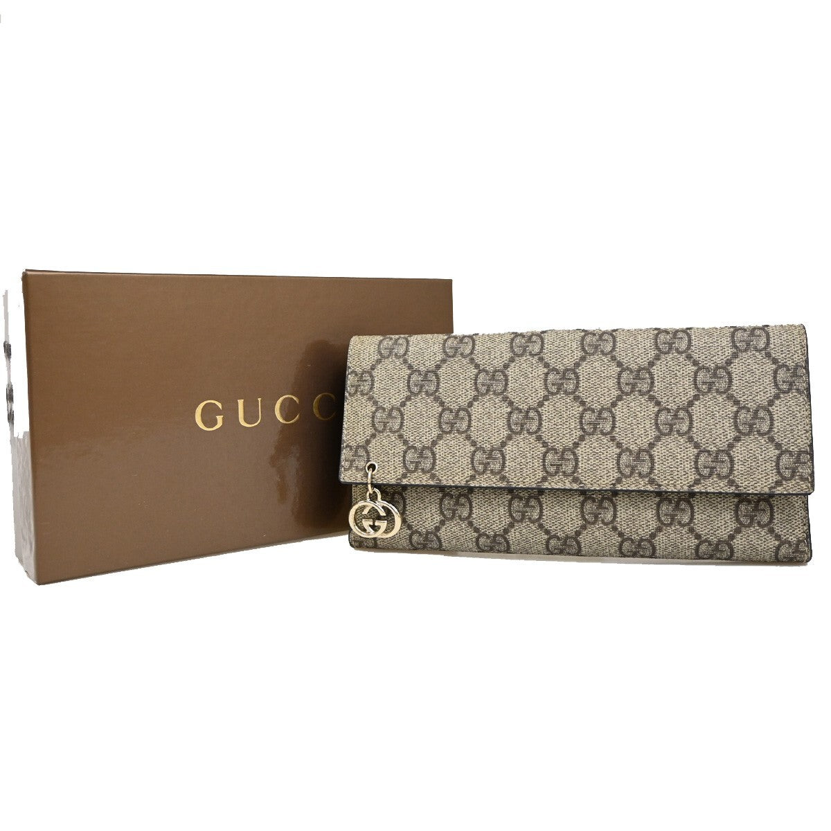 GUCCI Logo GG Pattern Bifold Long Wallet Supreme Leather Brown 84RF274