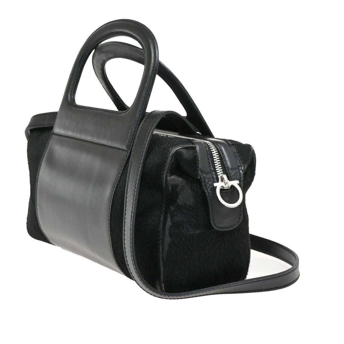 SALVATORE FERRAGAMO Gancini 2Way Shoulder Handbag Fur Leather Black 05DA245