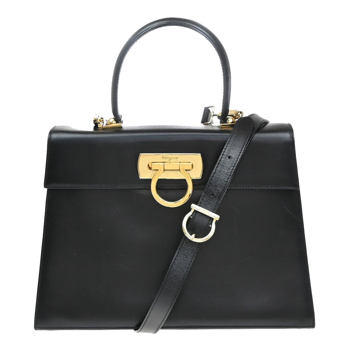 SALVATORE FERRAGAMO Gancini 2Way Shoulder Hand Bag Leather Black GHW 35EF349