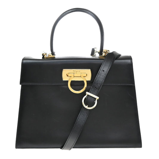 SALVATORE FERRAGAMO Gancini 2Way Shoulder Hand Bag Leather Black GHW 35EF349