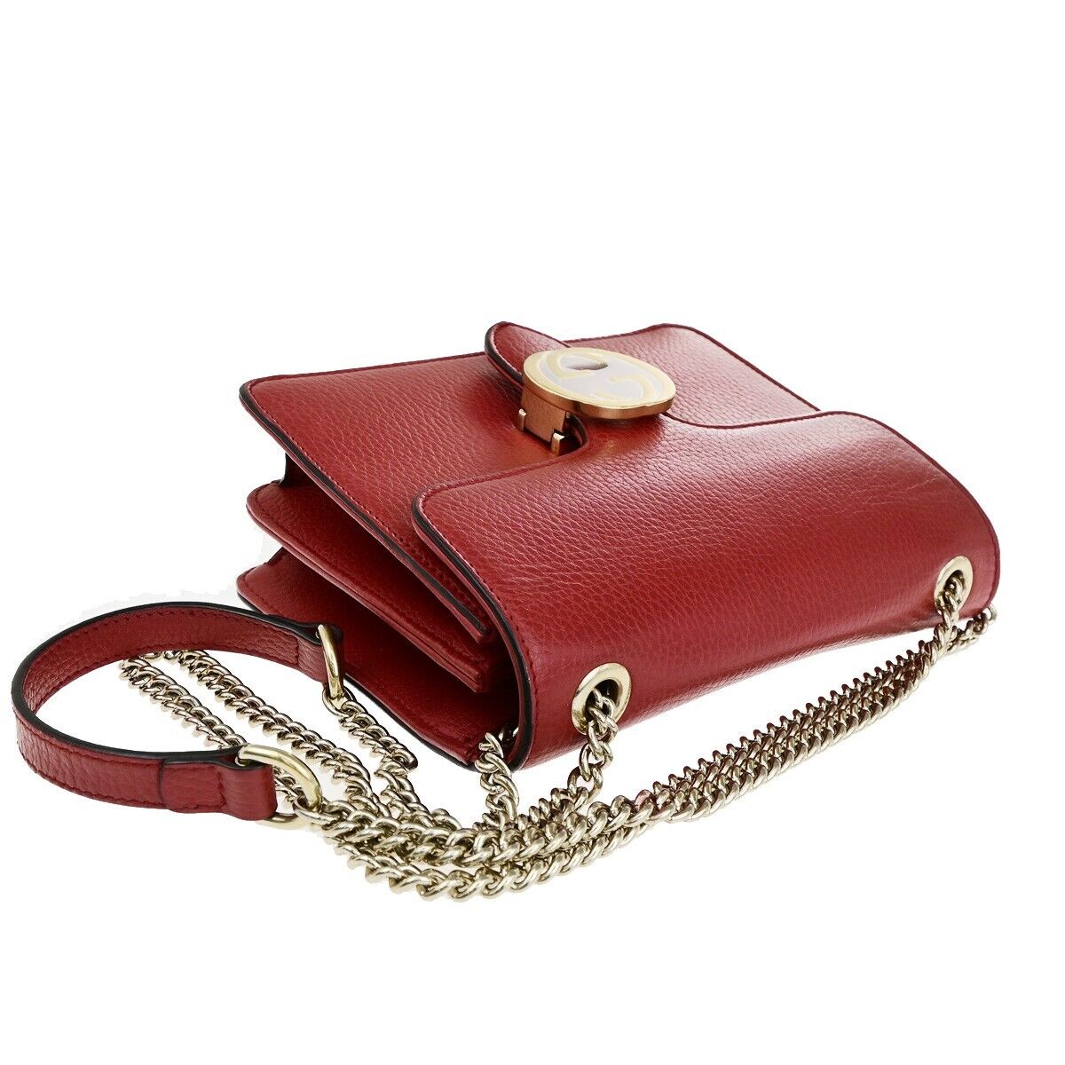 GUCCI Logo Interlocking G Mini Chain Shoulder Bag Leather Red GHW Italy 14ED352