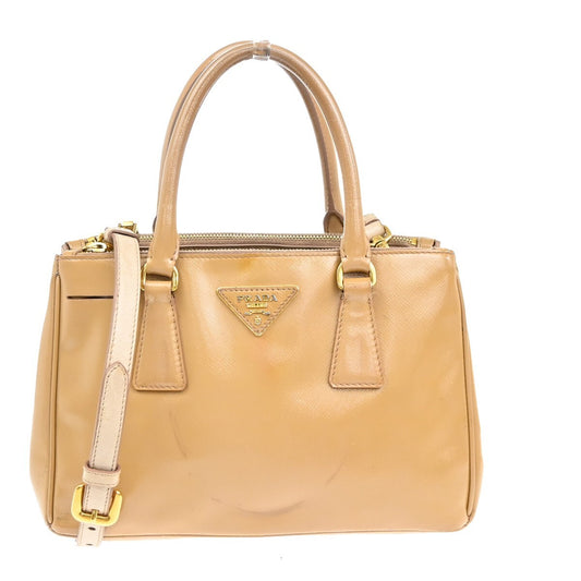 PRADA Logo Saffiano 2Way Shoulder Hand Tote Bag Patent Leather Beige 37EE955