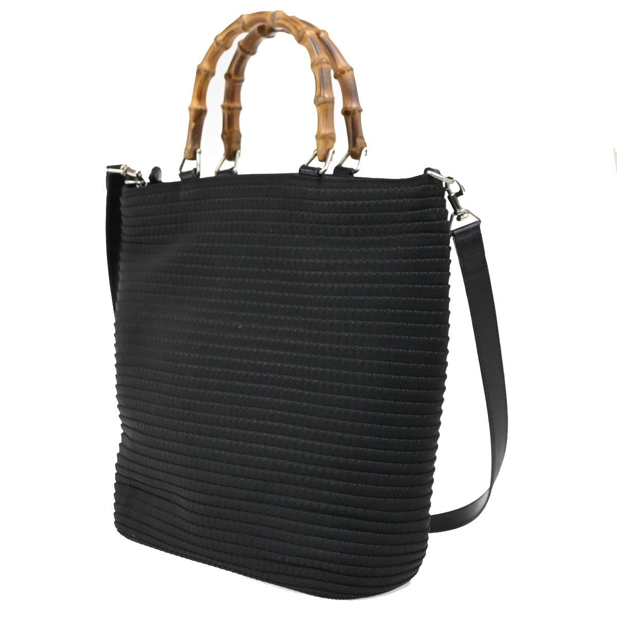 GUCCI Logo Bamboo 2Way Shoulder Hand Bag Canvas Leather Black SHW 67DA175