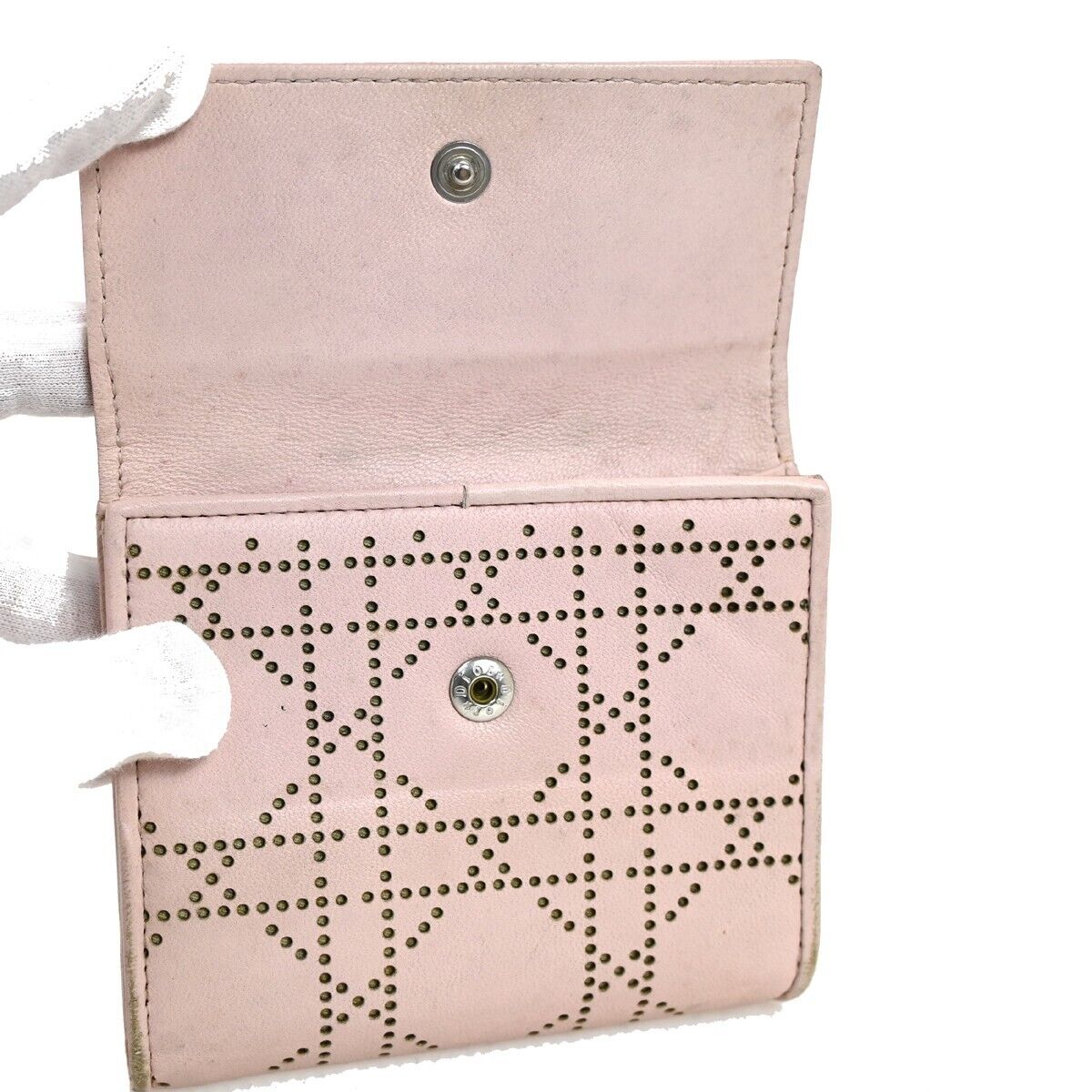 Christian Dior Cannage Bifold Wallet Purse Leather Pink Sliver Italy 07FA106