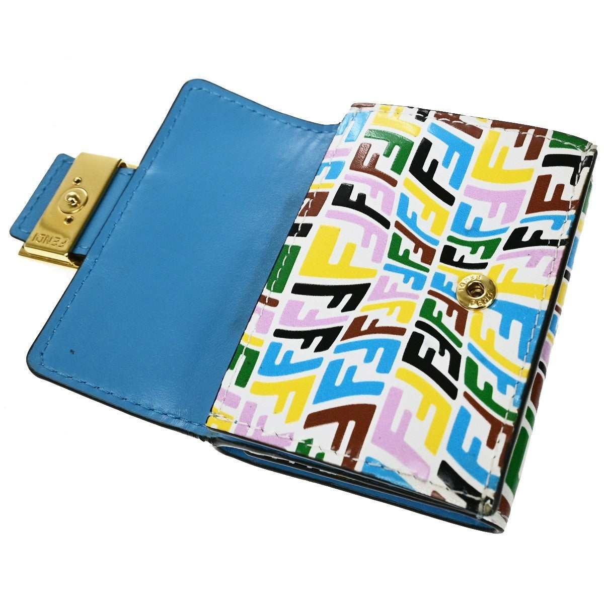 FENDI Logo FF Vertigo Baguette Trifold Compact Wallet Leather Multicolor 61YJ250