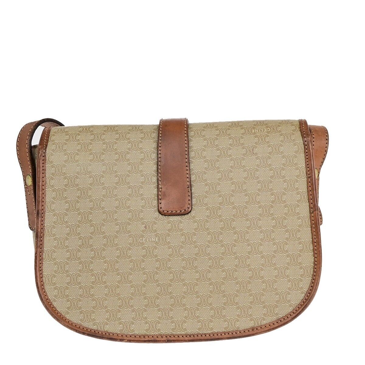 CELINE Logo Macadam Pattern Shoulder Bag PVC Leather Beige Italy 04EB477