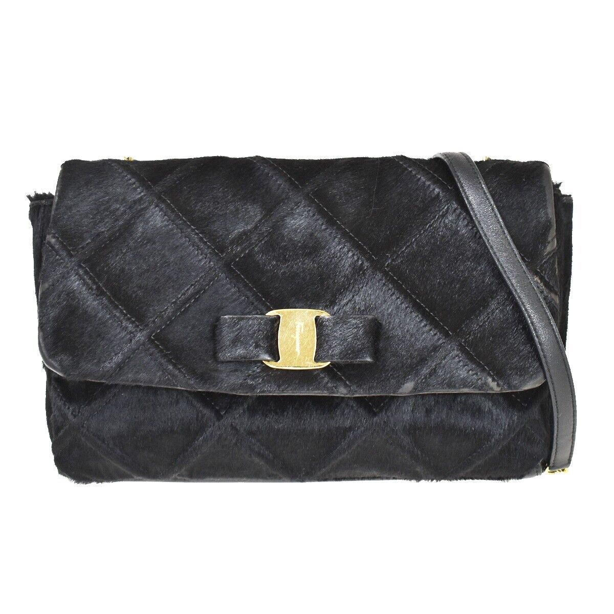 SALVATORE FERRAGAMO Vara Chain Shoulder Bag Fur Leather Black Gold Italy 67GA804