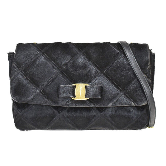 SALVATORE FERRAGAMO Vara Chain Shoulder Bag Fur Leather Black Gold Italy 67GA804