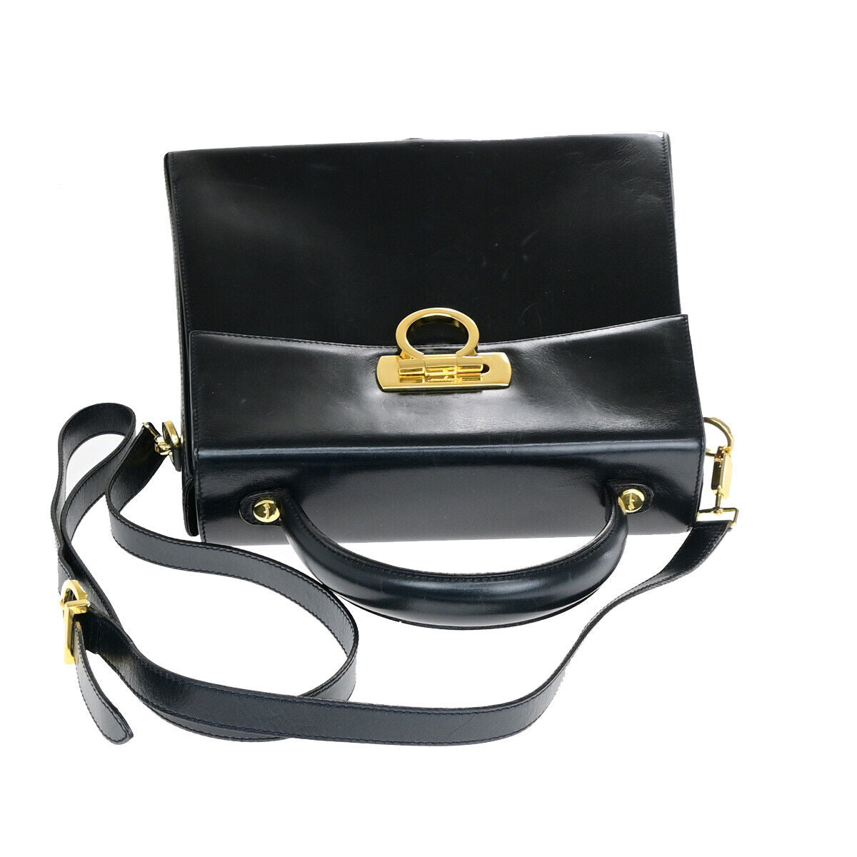 SALVATORE FERRAGAMO Logo Gancini 2Way Shoulder Hand Bag Leather Blue GHW 34YF576