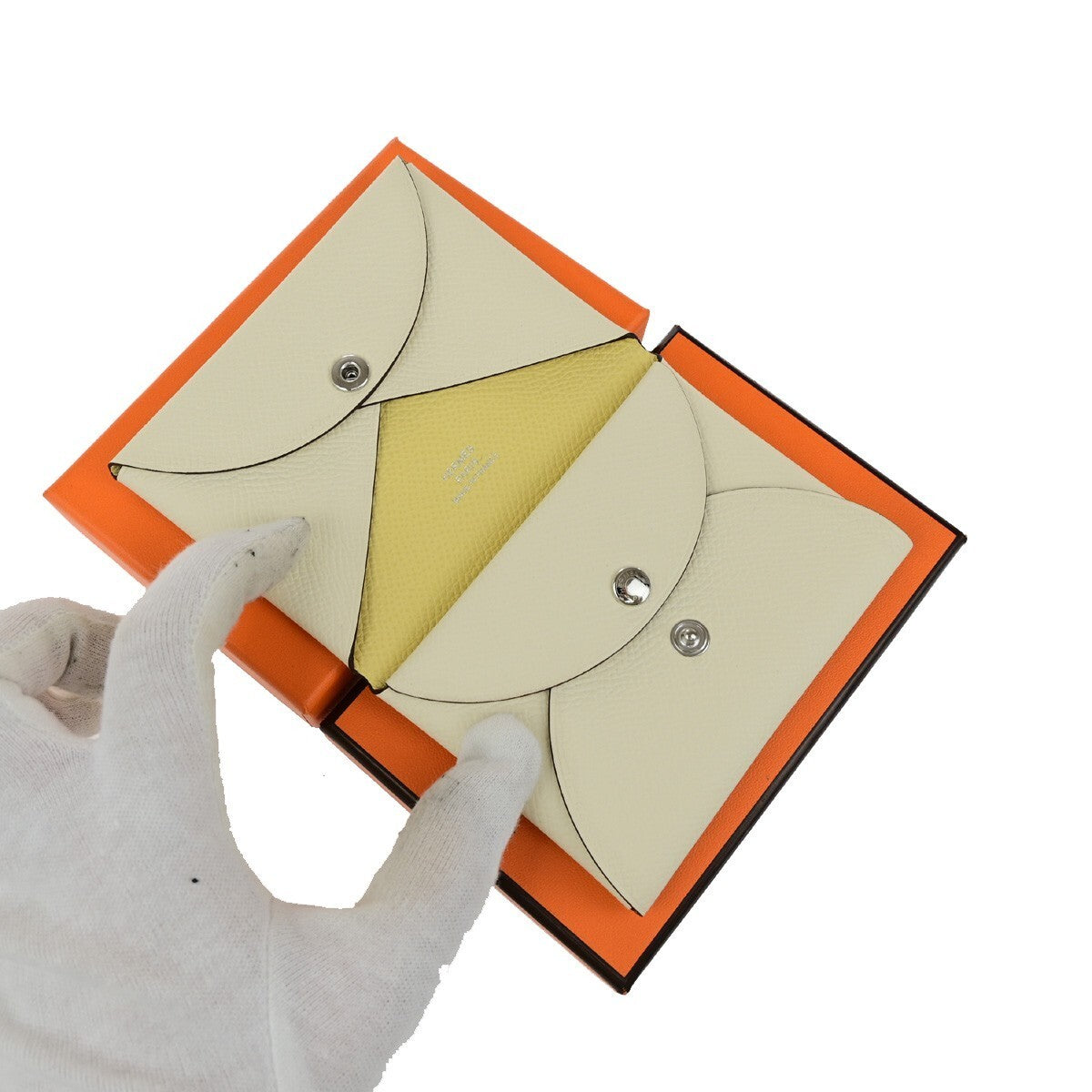 HERMES Logo Calvi Duo Card Holder Coin Case Epsom Leather White Yellow 50RK842