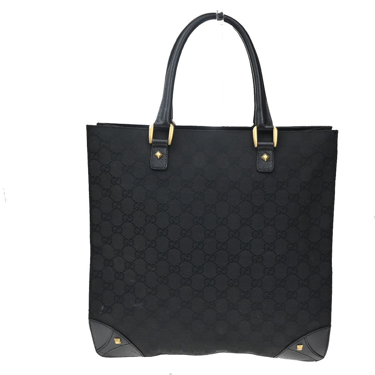 Gucci GG  Pattern Nailhead Tote Hand Bag Black Canvas Leather Italy 31SA080