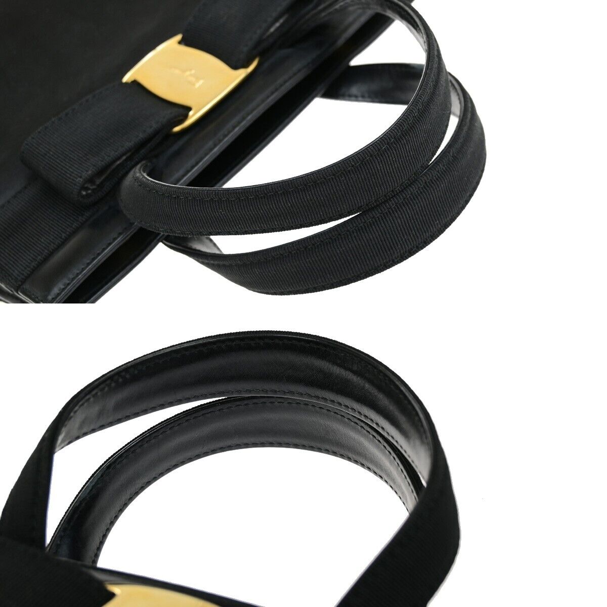 SALVATORE FERRAGAMO Logo Vara Hand Bag Canvas Leather Black Gold Italy 67ED785