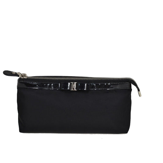 SALVATORE FERRAGAMO Vara Vanity Pouch Case Nylon Patent Leather Black 07GA588