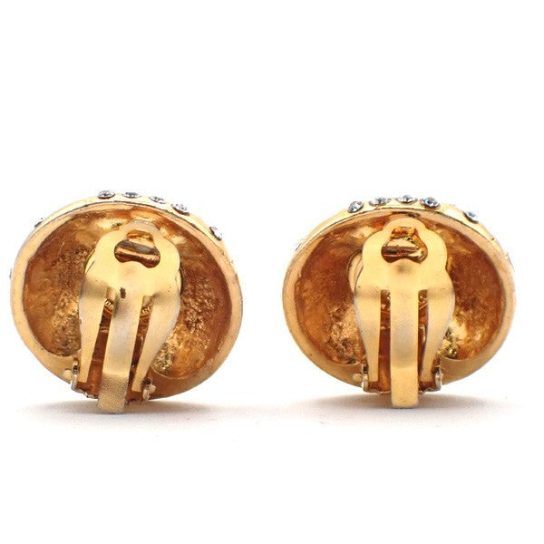 CHANEL Logo Rhinestones Earrings Clip-on Gold France Vintage 36RL872