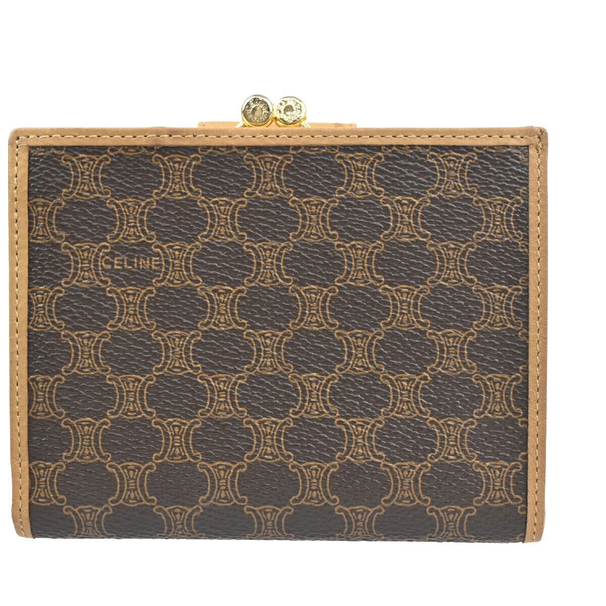 CELINE Logo Macadam Pattern Bifold Wallet PVC Leather Brown Italy 02EA884