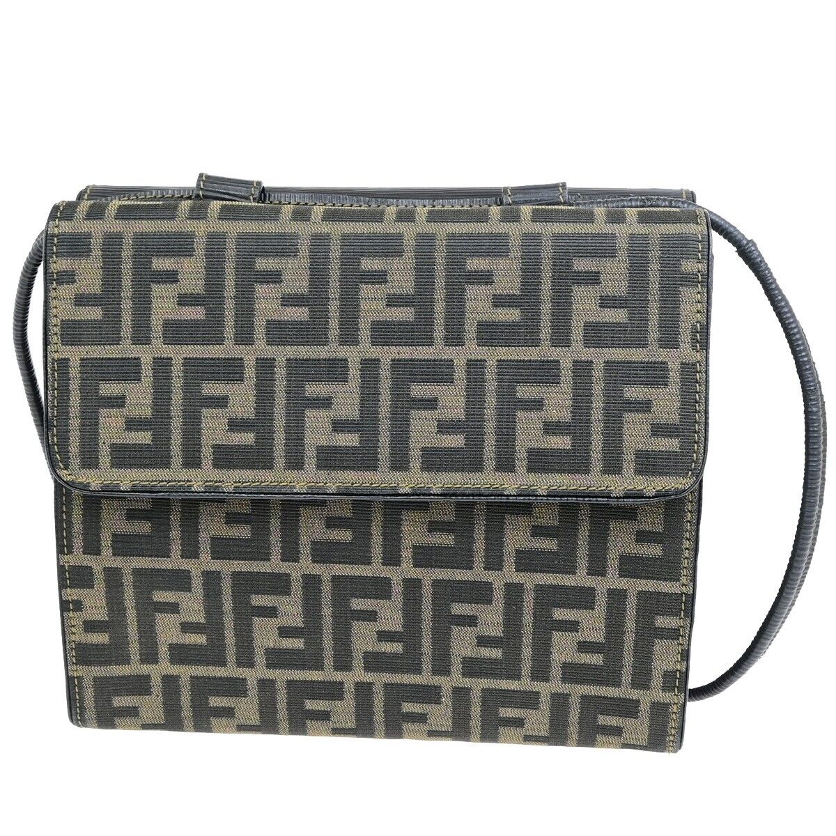 FENDI Logo Zucca Pattern Shoulder Bag Canvas Leather Brown Black GHW 76ED916