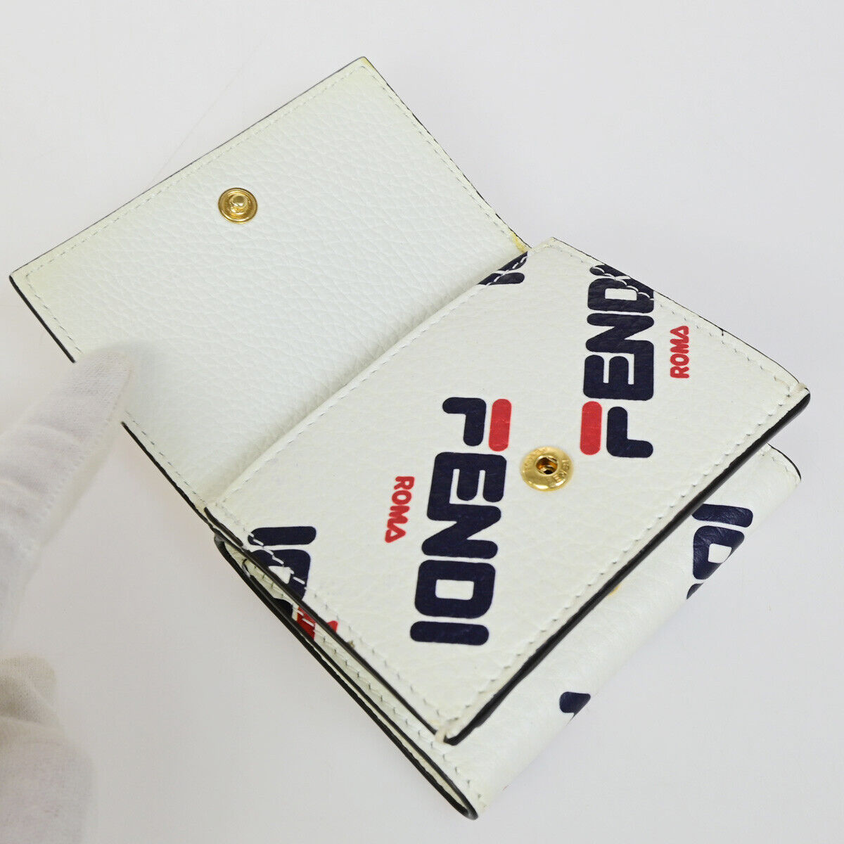 FENDI ✕ FILA Trifold Compact Wallet Leather White Blue Red Italy 33EB562